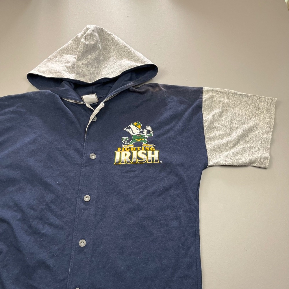 Jostens Notre Dame Fighting Irish Mens Medium Navy Blue Hooded Button Up Jersey